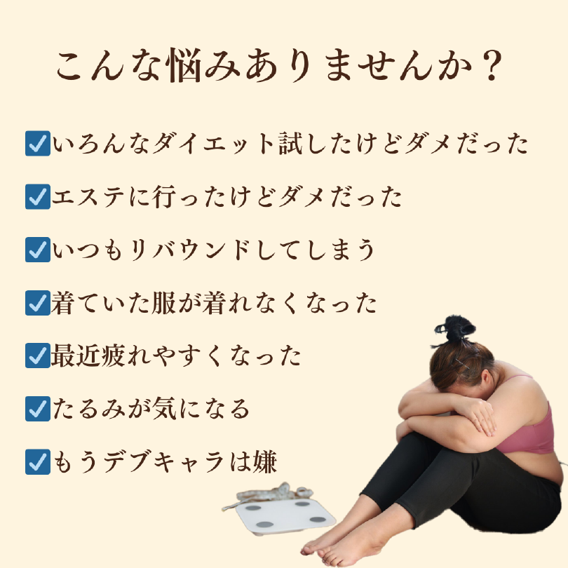 こんな悩みありませんかいろんなダイエット試したけどダメだったエステに行ったけどダメだったいつもリバウンドしてしまう着ていた服が着れなくなってしまったもうデブキャラは嫌